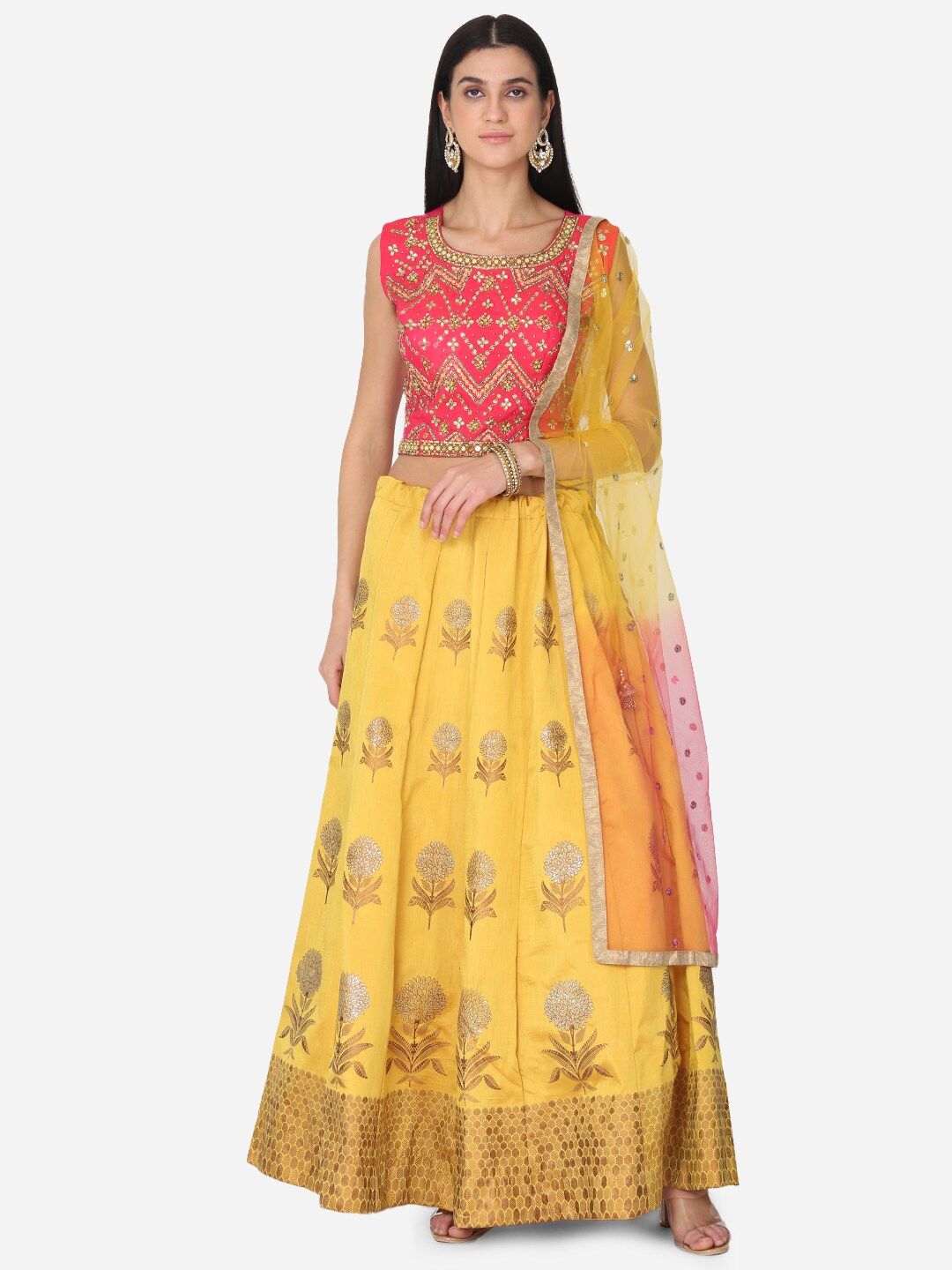 BOMBAY SELECTIONS Yellow & Pink Embellished Ready to Wear Lehenga & Blouse with Dupatta