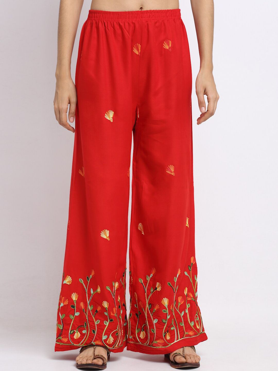 NEUDIS Women Red & Green Embroidered Wide Leg Palazzos Price in India