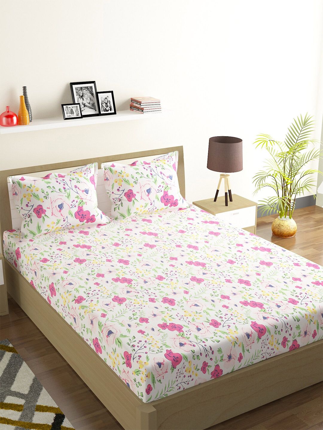 ROMEE White & Pink Floral 144 TC Cotton 1 Queen Bedsheet with 2 Pillow Covers Price in India