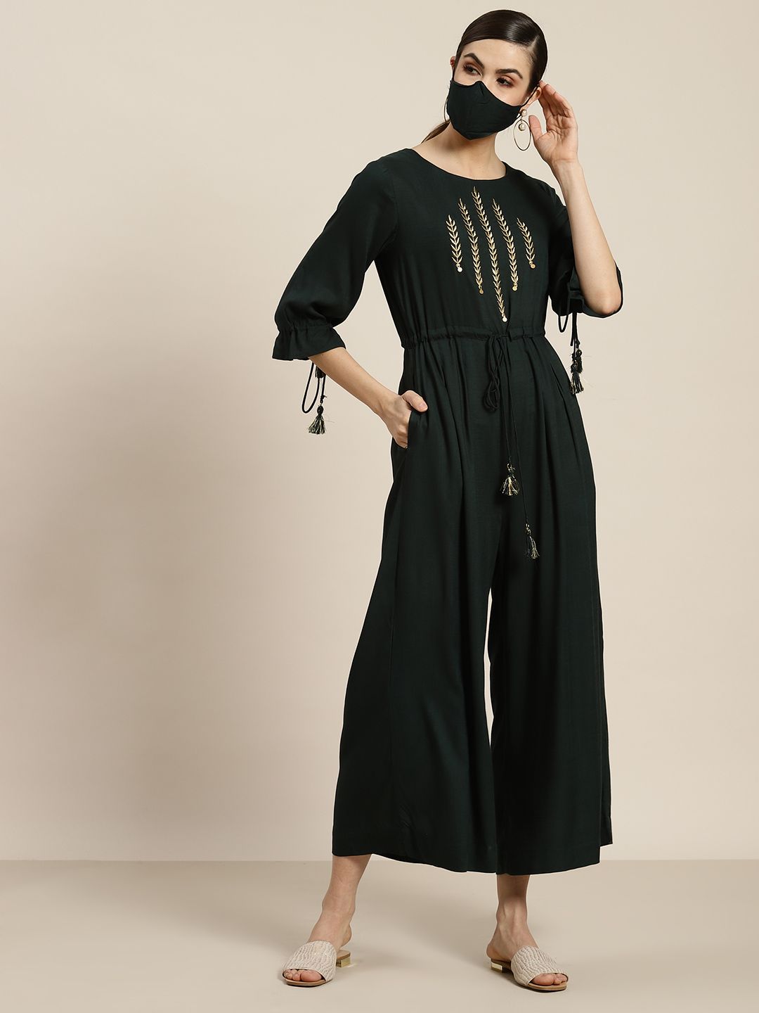 Juniper Women Green Embroidered Basic Jumpsuit with Gather detail Price in India