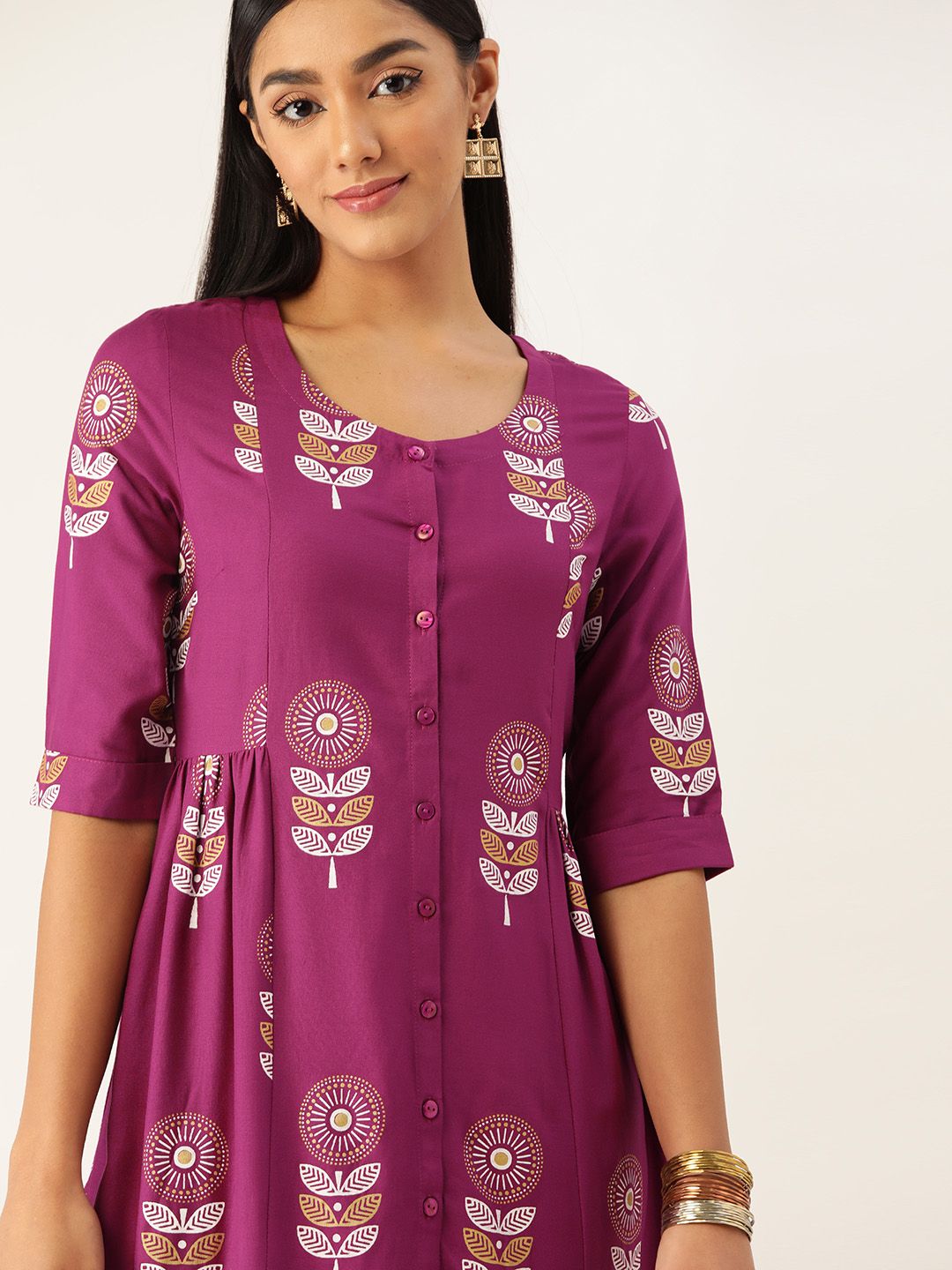 Anouk Women Purple & White Ethnic Motifs Printed A-Line Midi Dress