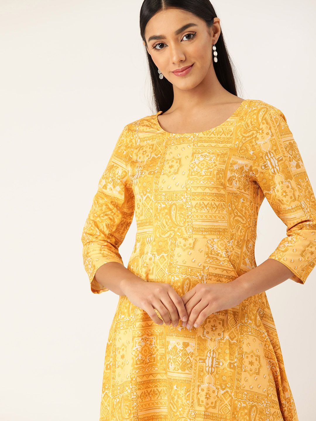 Anouk Women Yellow & White Ethnic Motifs Printed A-Line Midi Dress