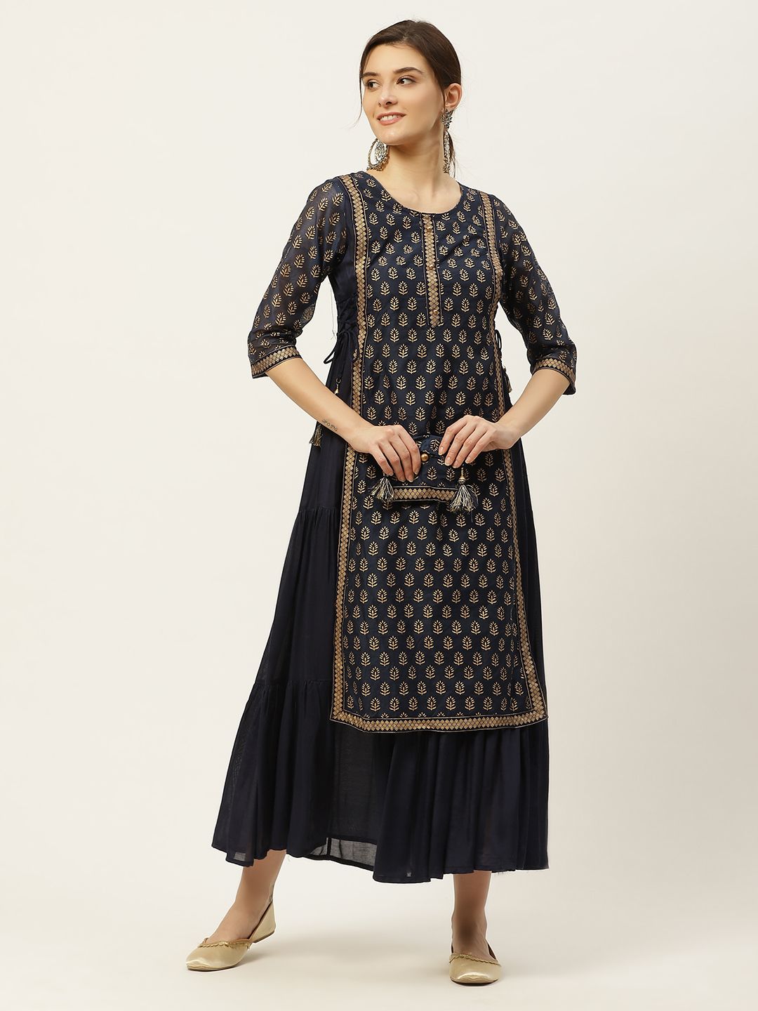 Juniper Navy Blue & Gold-Toned Ethnic Motifs Layered Ethnic Maxi Dress Price in India