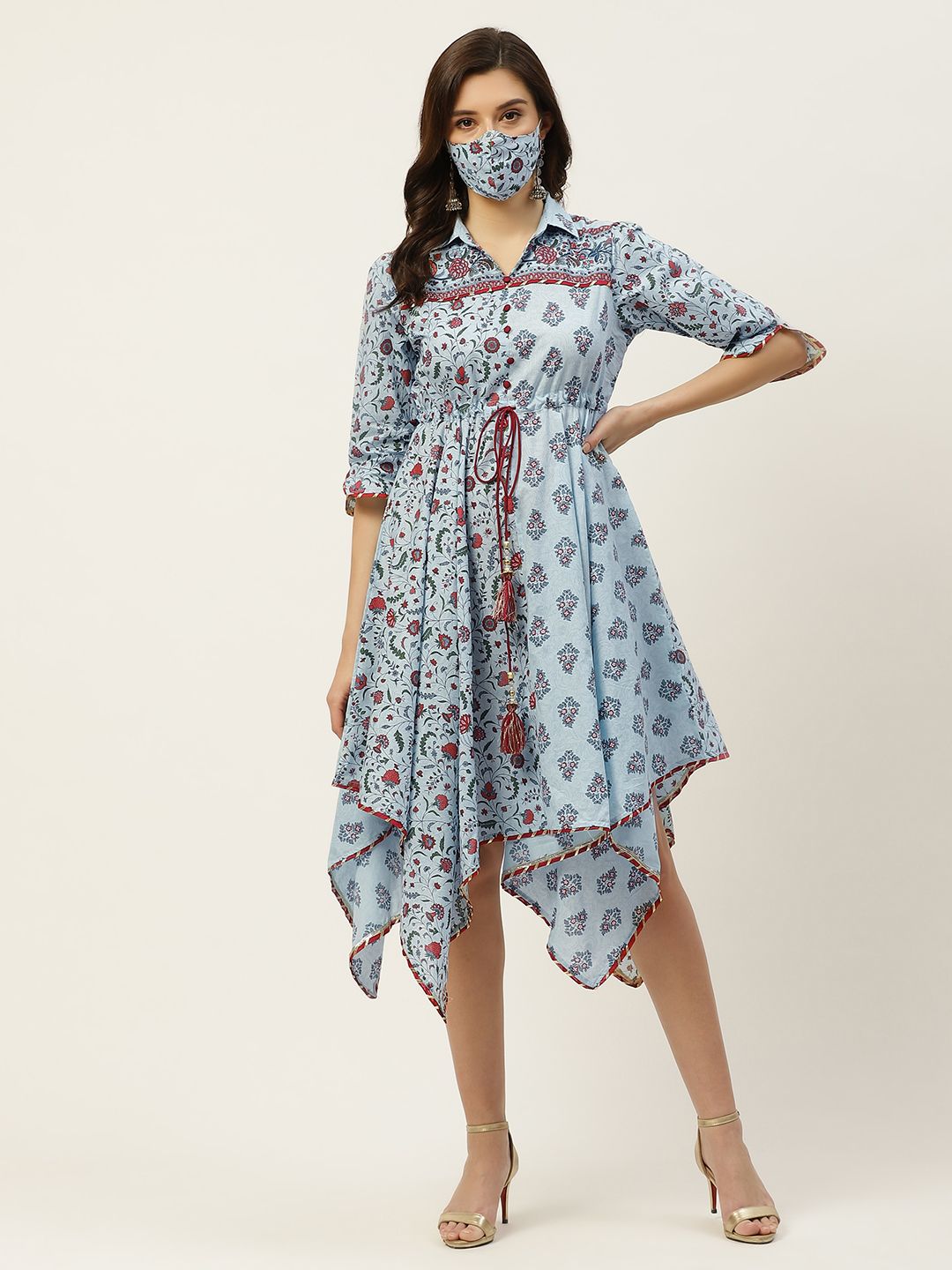 Juniper Blue & Maroon Ethnic Motifs Ethnic A-Line Asymmetric Dress with Mask