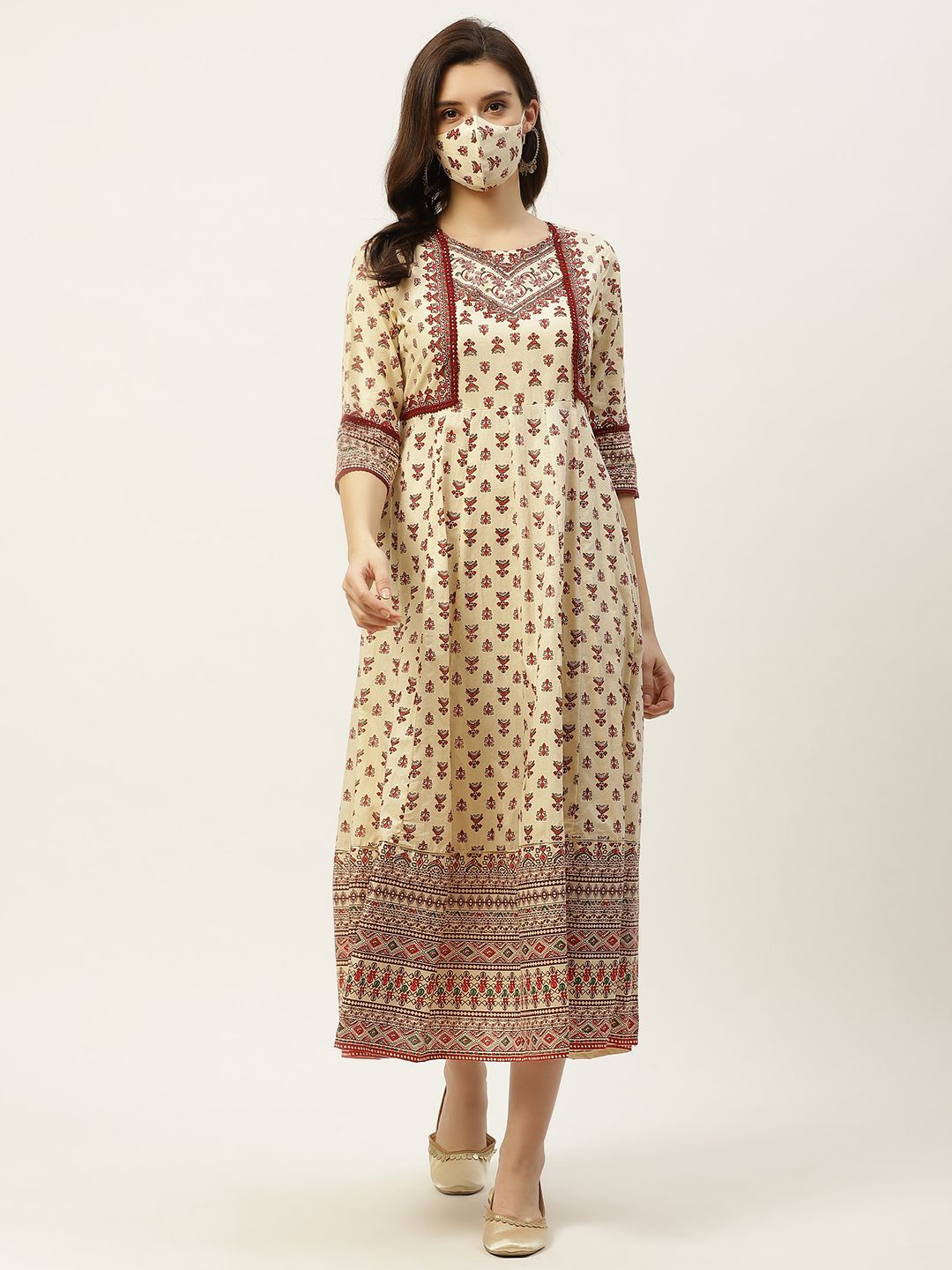 Juniper Cream-Coloured & Maroon Ethnic Motifs Cambric Cotton A-Line Midi Dress Price in India