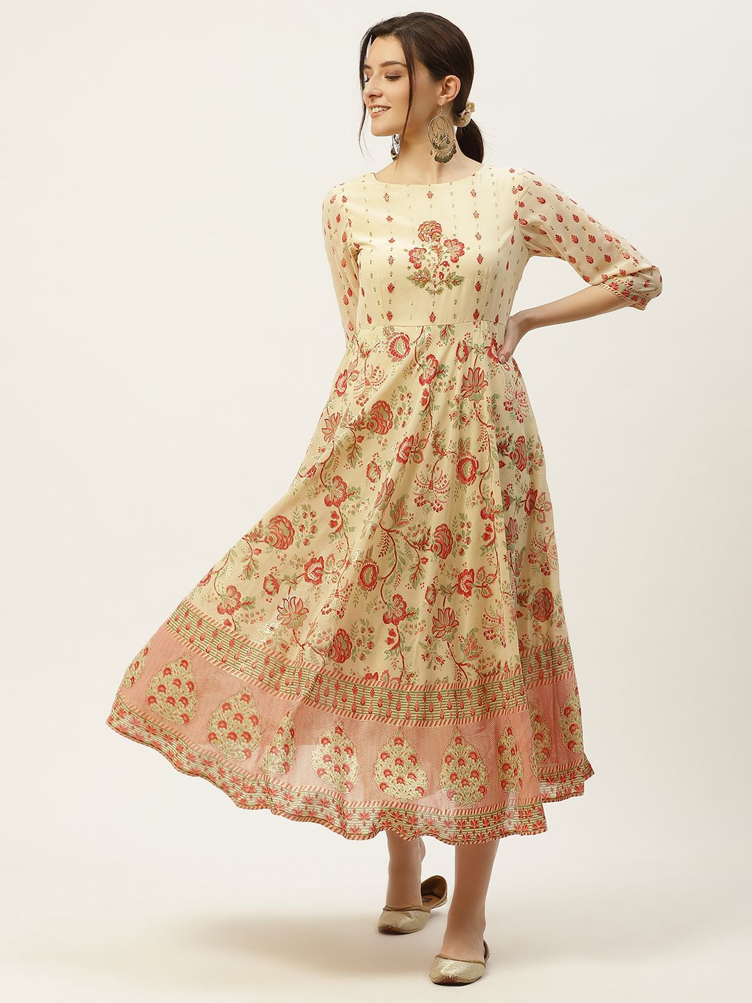 Juniper Beige & Red Floral Georgette Ethnic A-Line Midi Dress