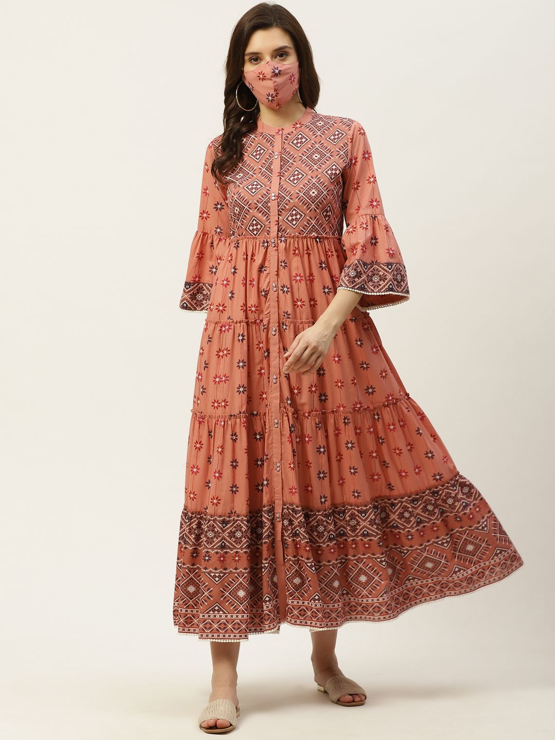 Juniper Peach Coloured & Maroon Pure Cotton Ethnic Maxi Dress Price in India