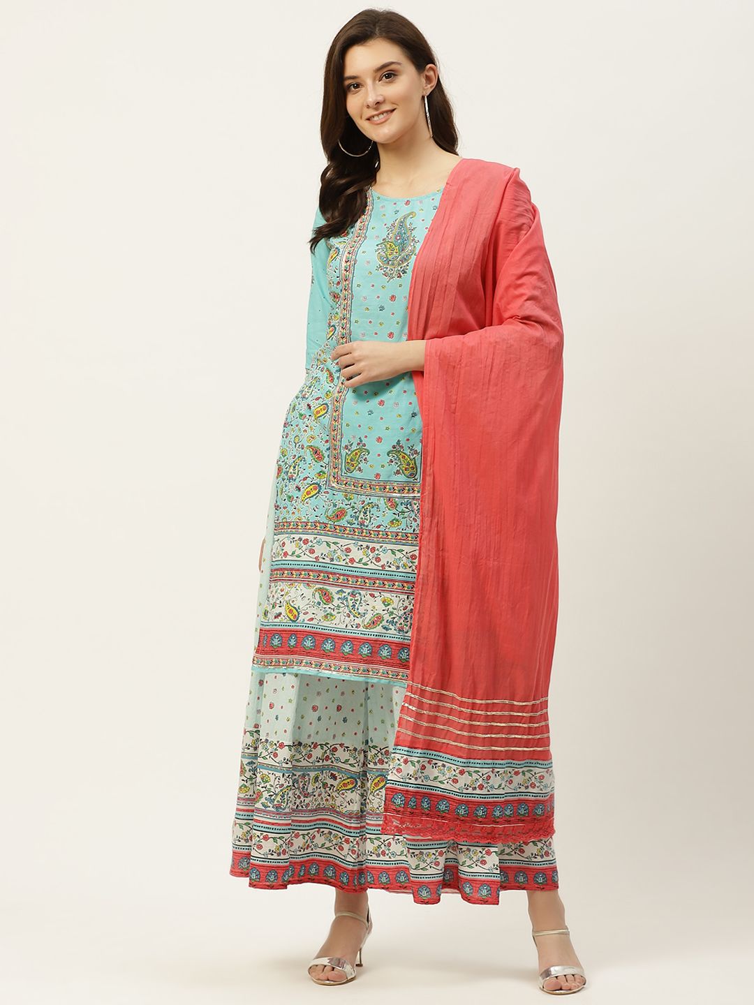 Juniper Women Blue & Coral Red Ethnic Motifs Print Gotta Patti Straight Kurta Set