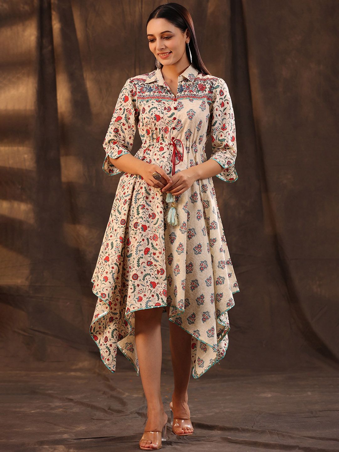Juniper Beige & Coral Floral A-Line Midi Dress Price in India