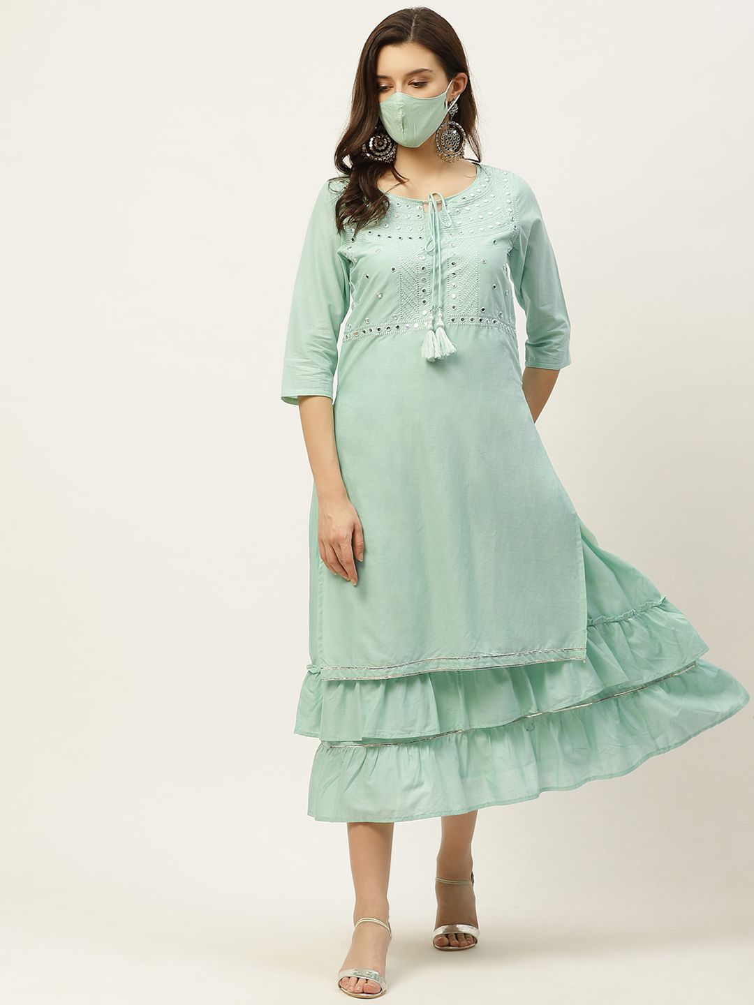 Juniper Sea Green Tie-Up Neck Ethnic A-Line Midi Dress with Mask Price in India