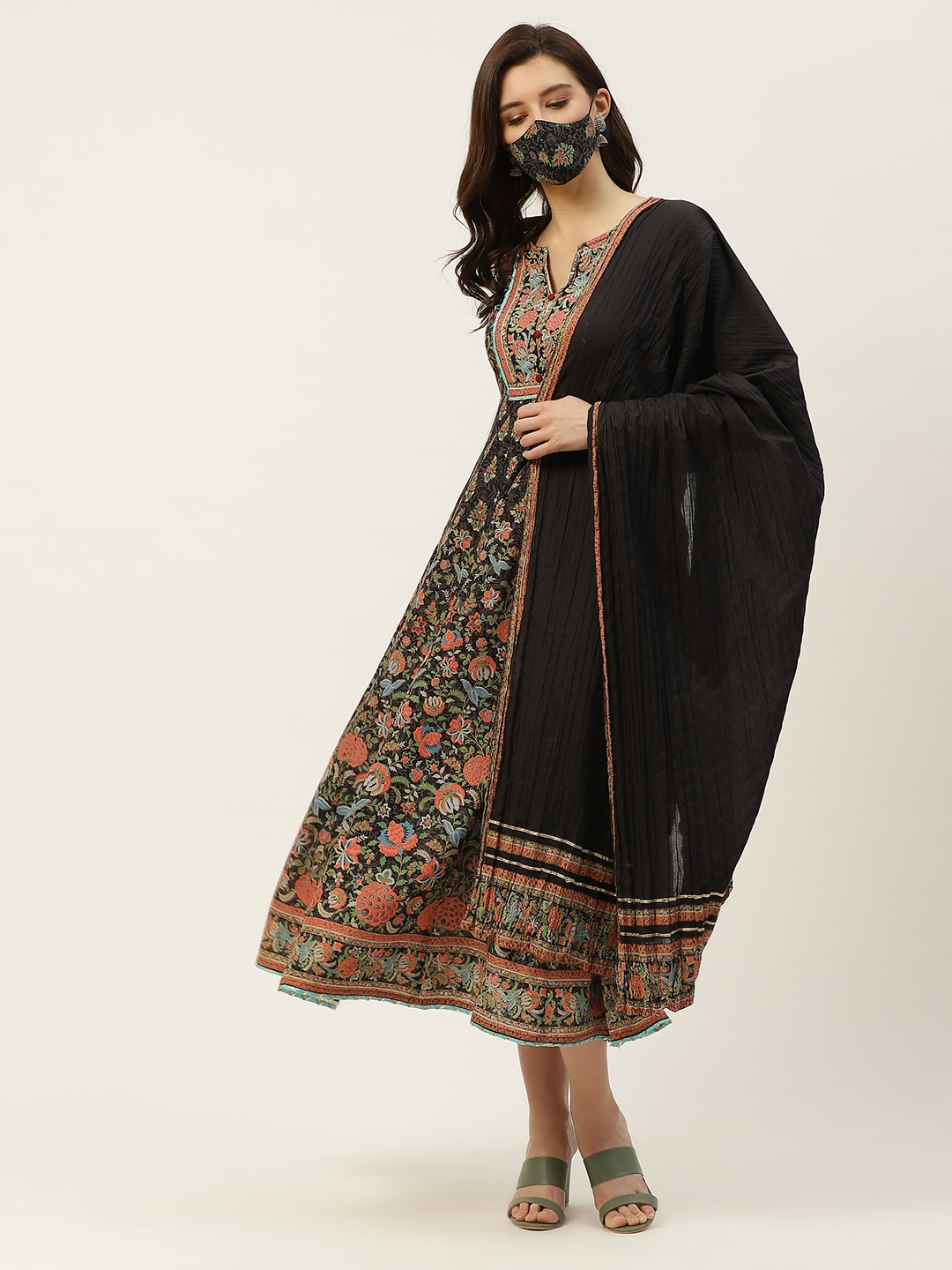 Juniper Black & Red Ethnic Motifs Ethnic Maxi Dress with Dupatta & Mask Price in India