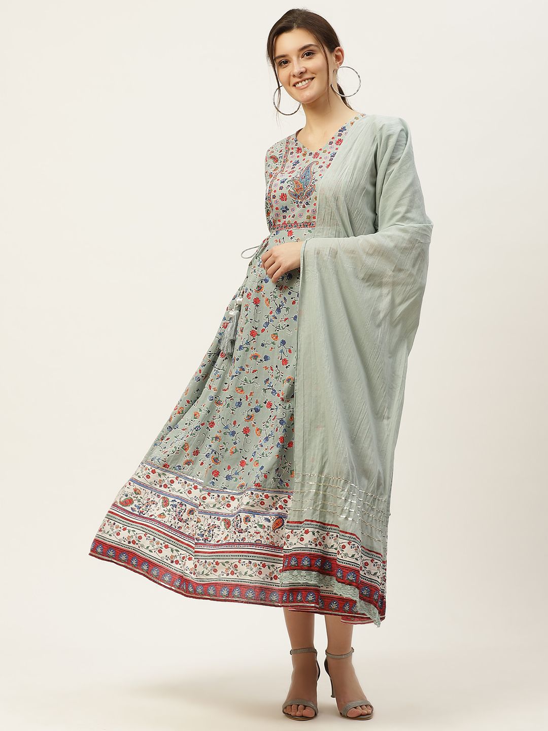 Juniper Grey & Blue Floral Camric Cotton Ethnic A-Line Midi Dress Price in India