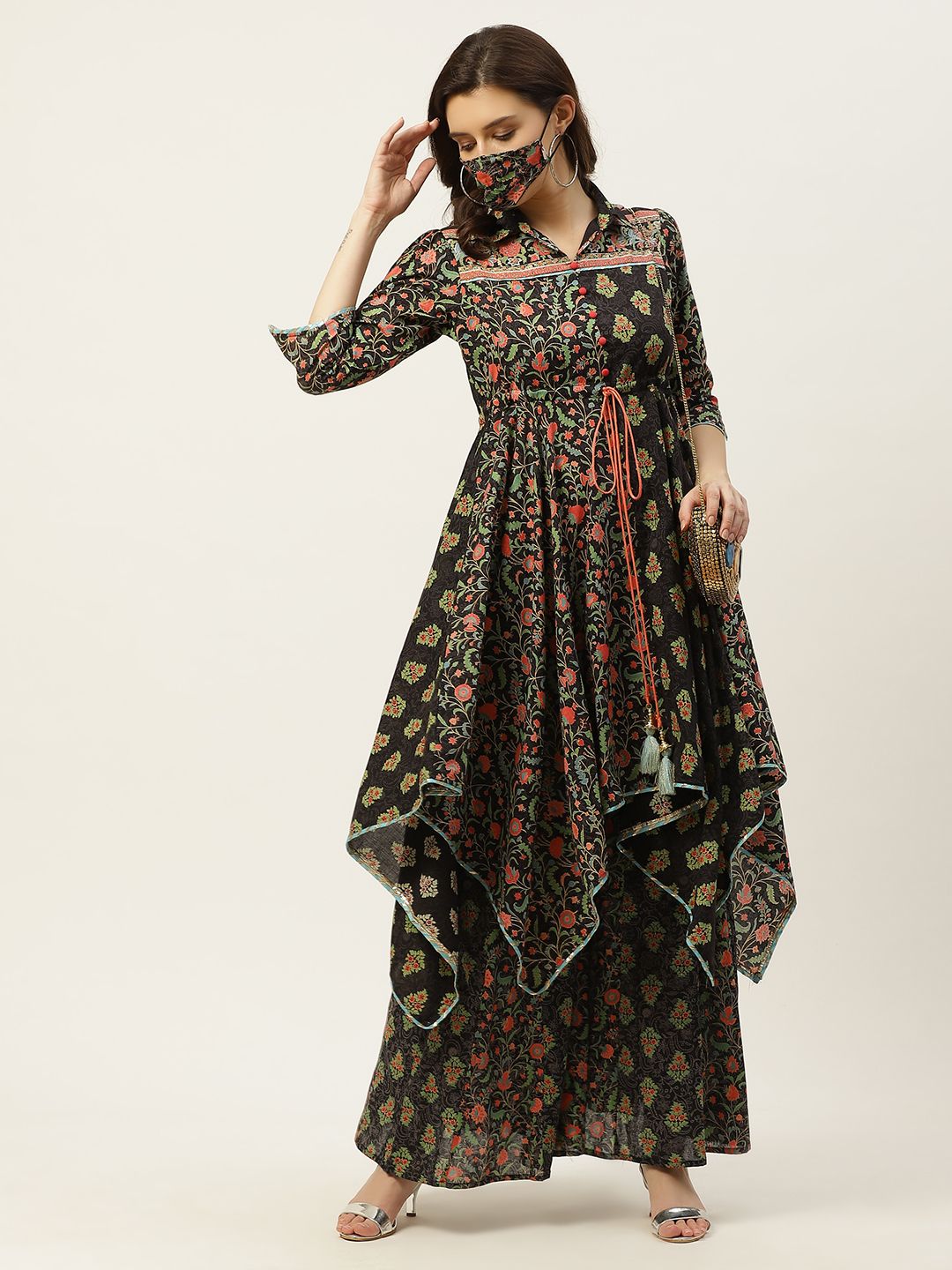 Juniper Women Black & Green Pure Cotton Printed Tunic with Palazzos Price in India