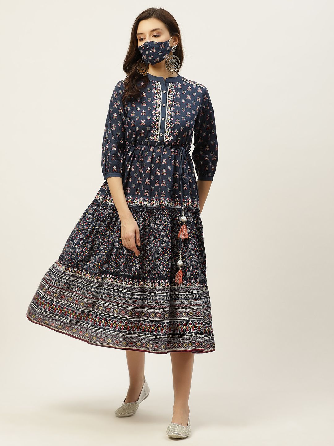 Juniper Navy Blue & Off White Ethnic Motifs Pure Cotton Ethnic Tiered Dress With Mask Price in India