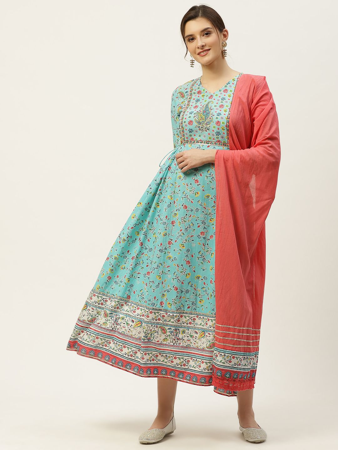 Juniper Blue & Red Floral Ethnic A-Line Midi Dress With Matching Dupatta & Scrunchie Price in India