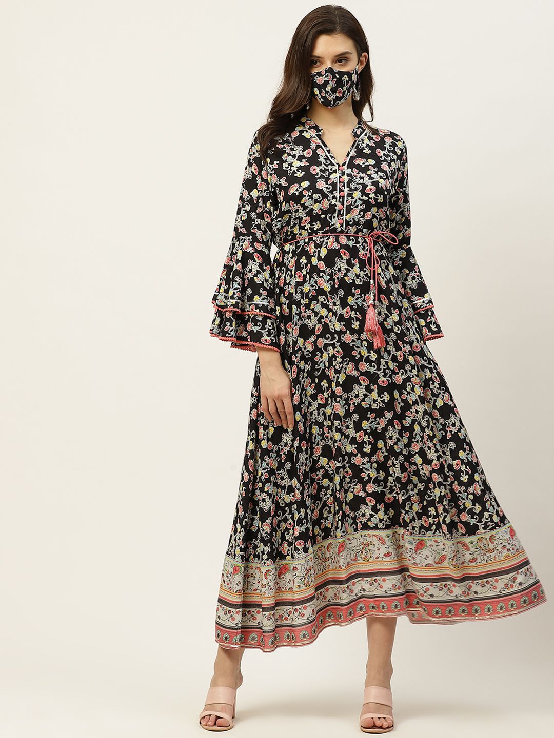 Juniper Black & White Printed Liva Ethnic Maxi Dress Price in India