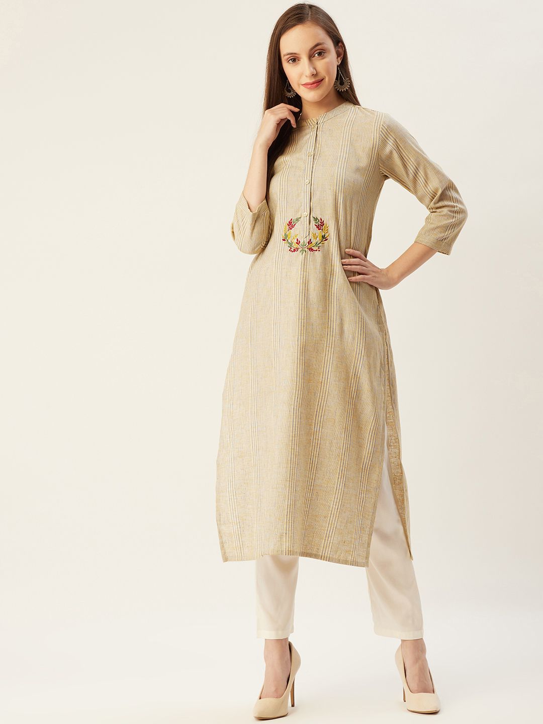 FASHOR Women Beige Embroidered Pure Cotton Thread Work Kurta