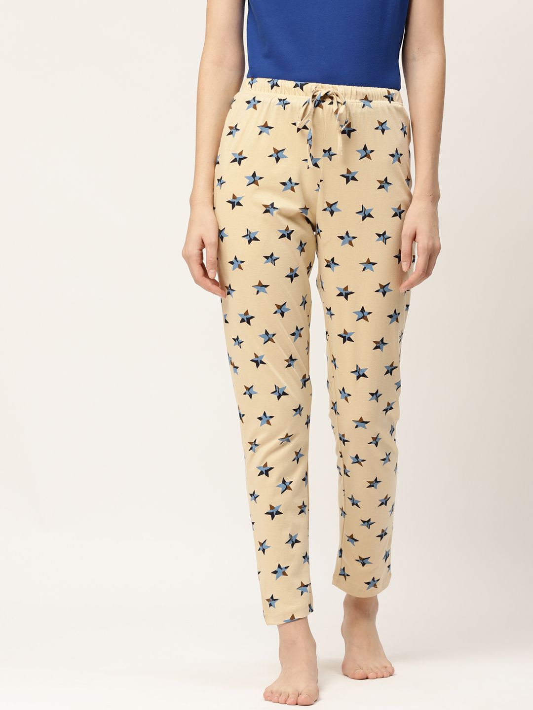 ETC Women Beige & Blue Cotton Printed Lounge Pants Price in India