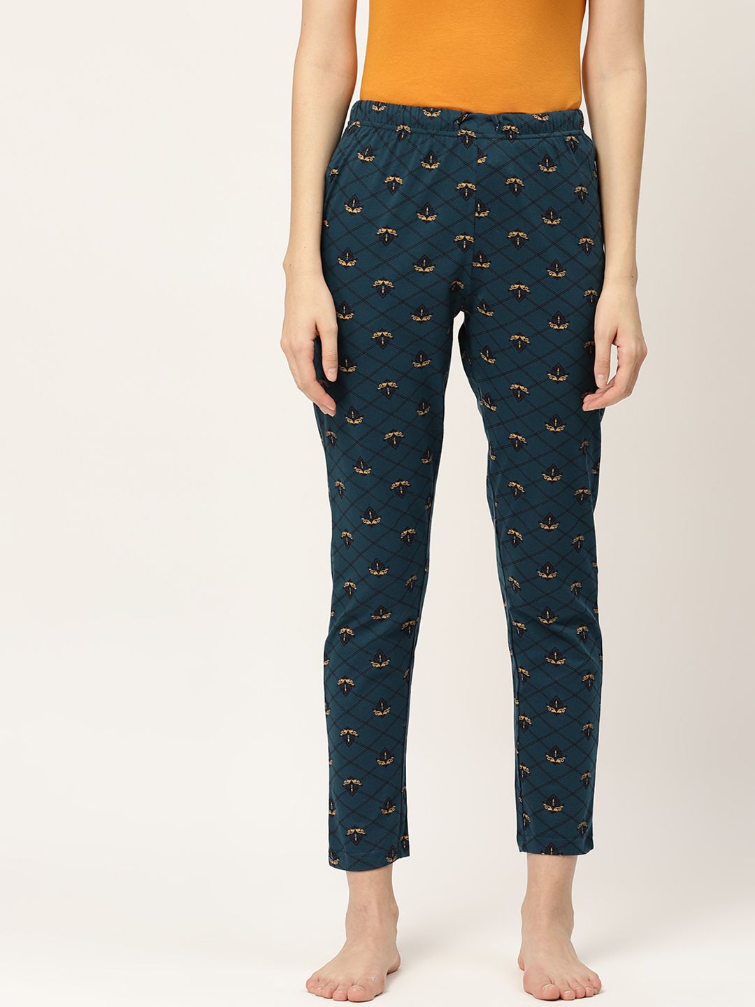 ETC Women Teal Blue & Mustard Yellow Printed Lounge Pants Price in India