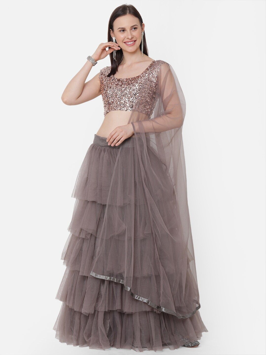 RedRound Brown Semi-Stitched Lehenga & Blouse with Dupatta Price in India