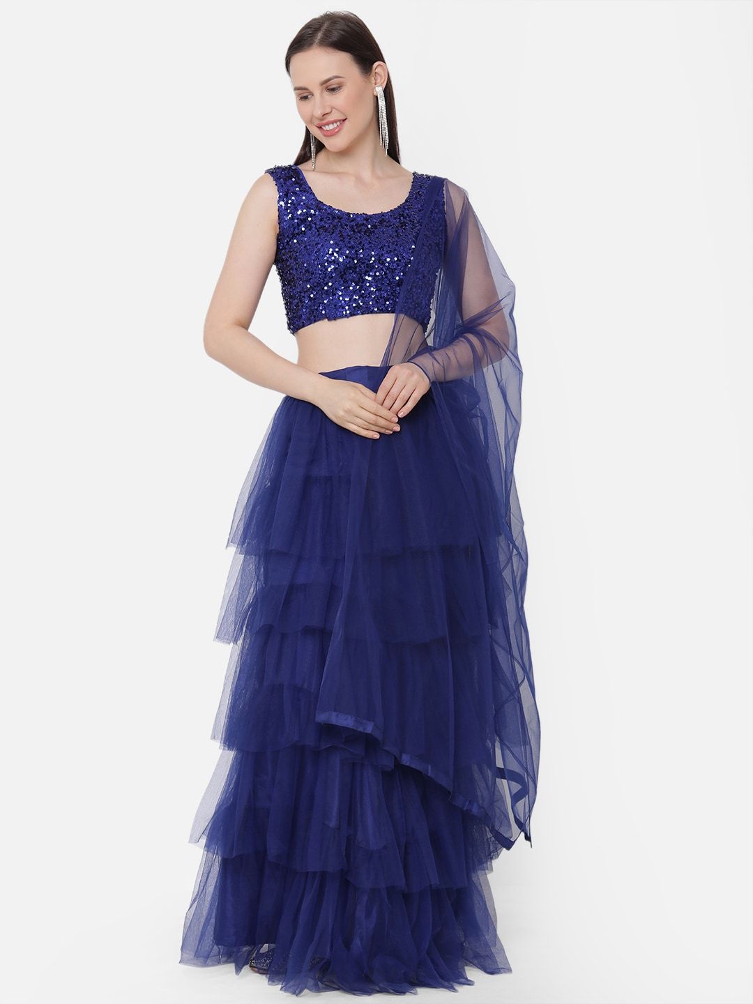 RedRound Navy Blue A-Line Semi-Stitched Frill Lehenga Choli with Dupatta Price in India