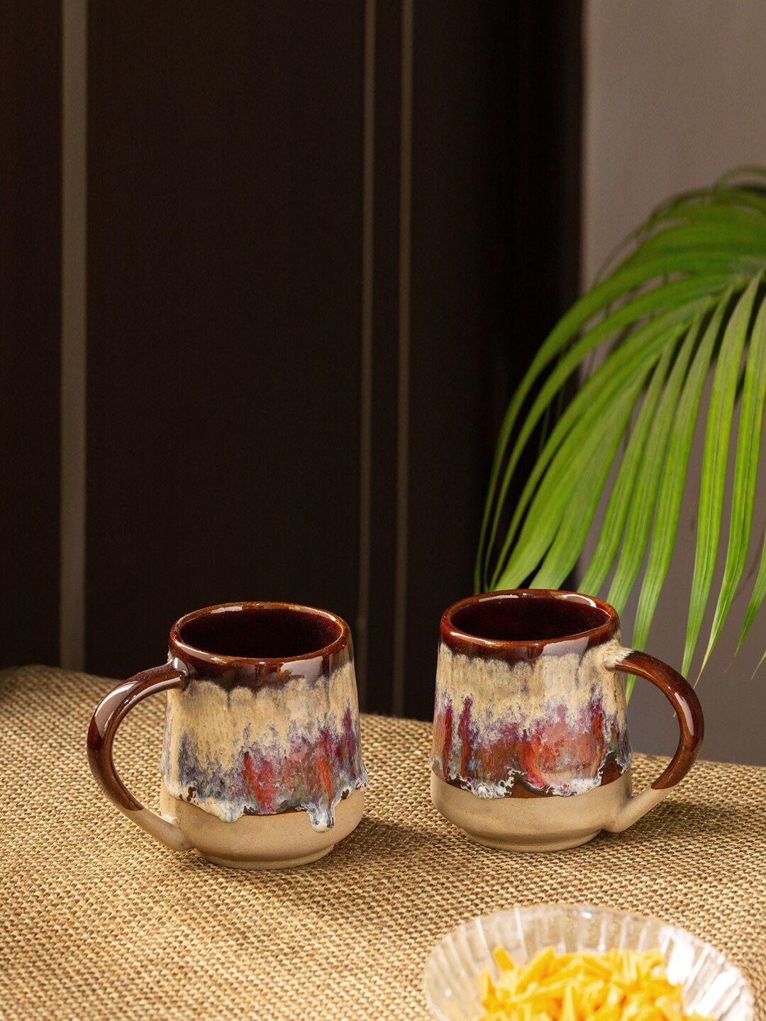 ExclusiveLane Cream-Coloured Brown Set of 2 Pattern Handcrafted Ceramic Coffee Mugs Price in India