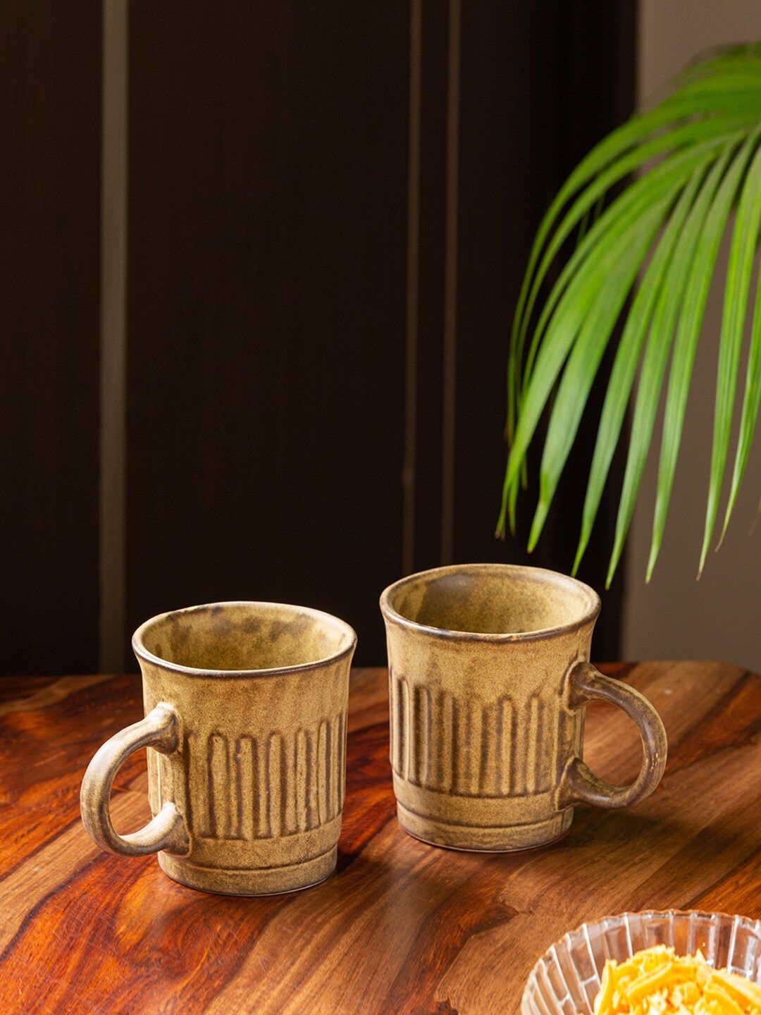 ExclusiveLane Set of 2 Coffee Brown Textured Ceramic Mugs Price in India