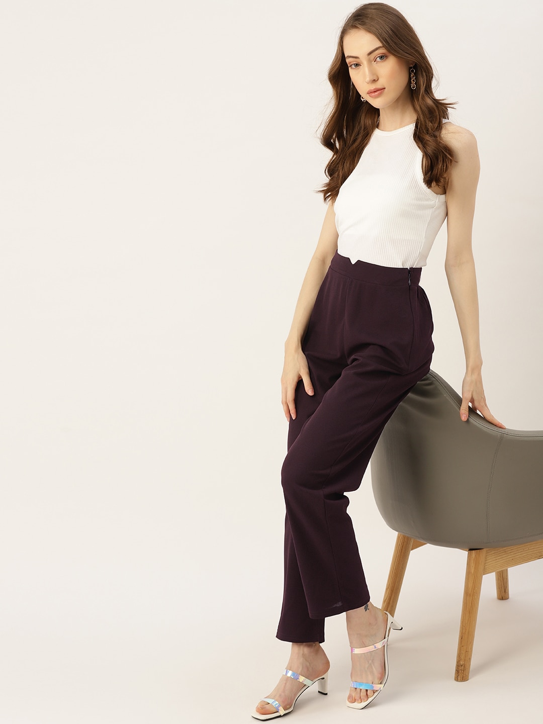 DressBerry Women Burgundy Solid Trousers Price in India