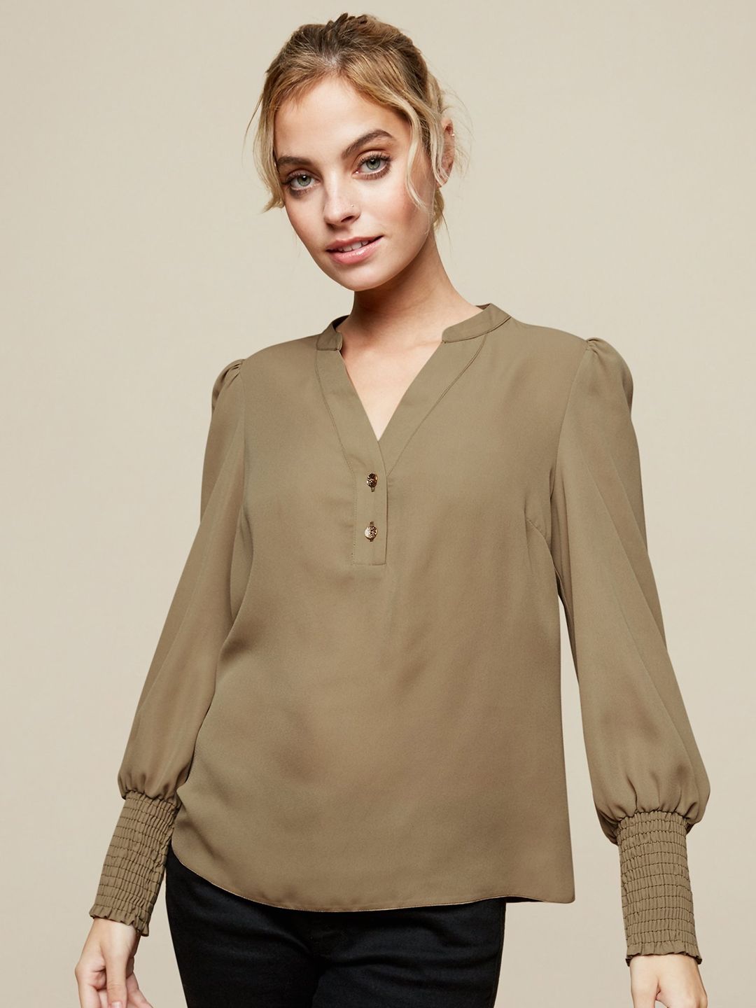 DOROTHY PERKINS Khaki Mandarin Collar Bishop Sleeves Smocked Regular Top