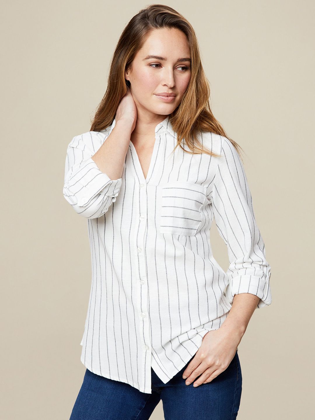 DOROTHY PERKINS Women White & Black Regular Fit Striped Casual Shirt