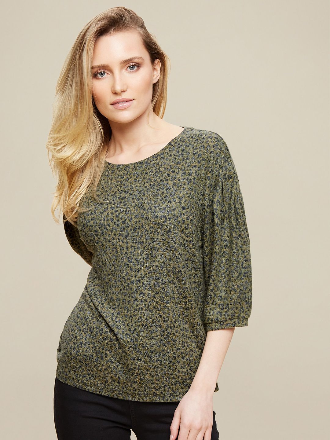 DOROTHY PERKINS Olive Green & Navy Blue Animal Printed Regular Top