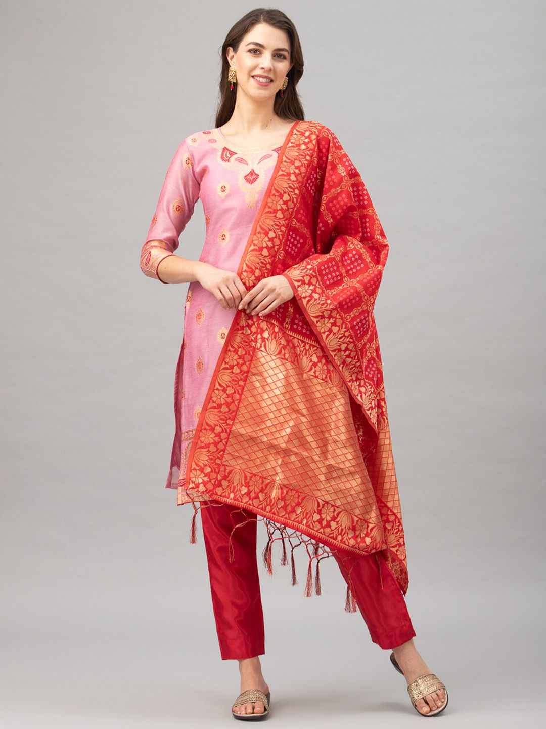 Satrani Pink & Red Cotton Blend Unstitched Dress Material Price in India