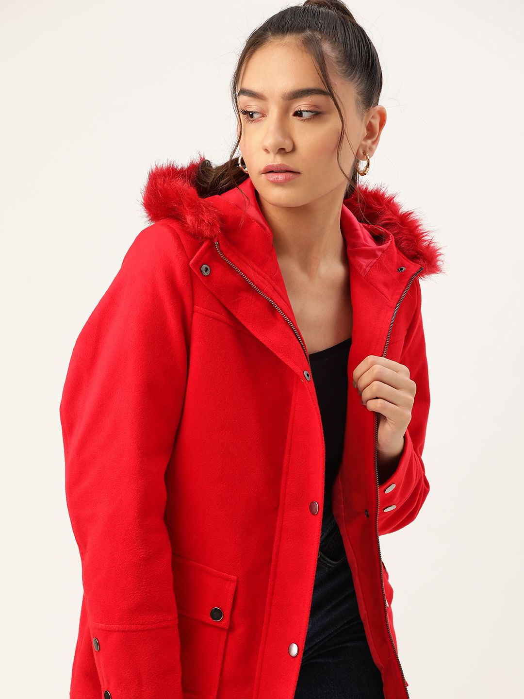 DressBerry Women Red Longline Hooded Parka Jacket Price in India