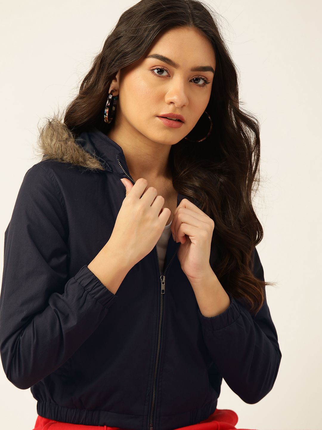 DressBerry Women Navy Blue Pure Cotton Solid Hooded Parka Jacket with Faux Fur Trim Price in India