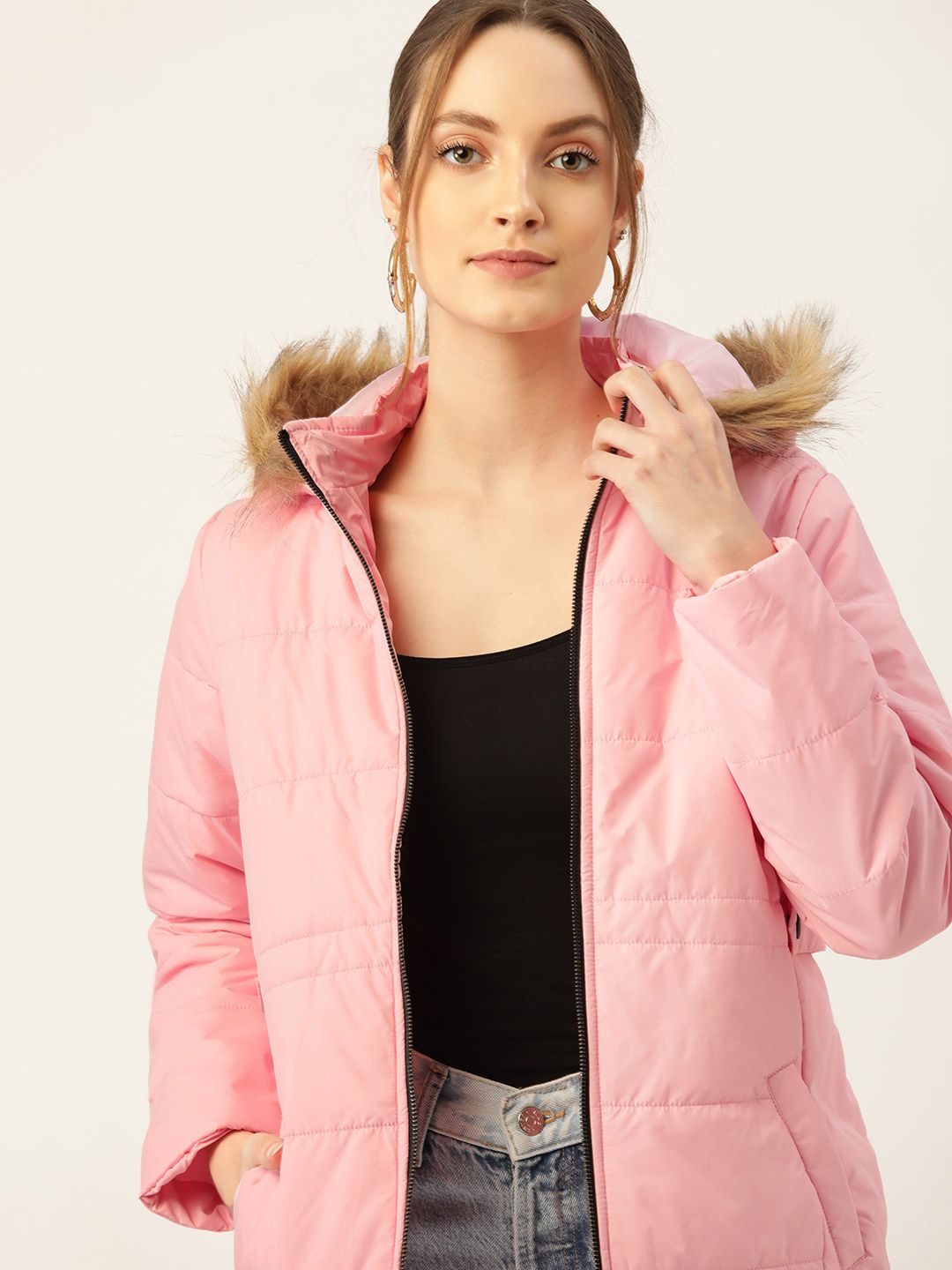 DressBerry Women Pink Solid Hooded Faux Fur Parka Jacket Price in India