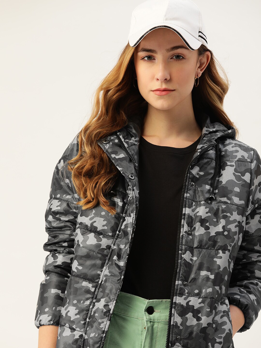 DressBerry Women Green & Grey Camouflage Print Padded Jacket Price in India