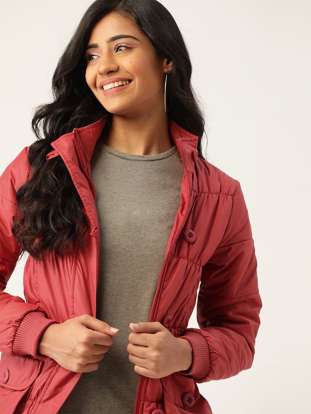 DressBerry Women Rust Red Solid Longline Back Belt Bomber Jacket Price in India