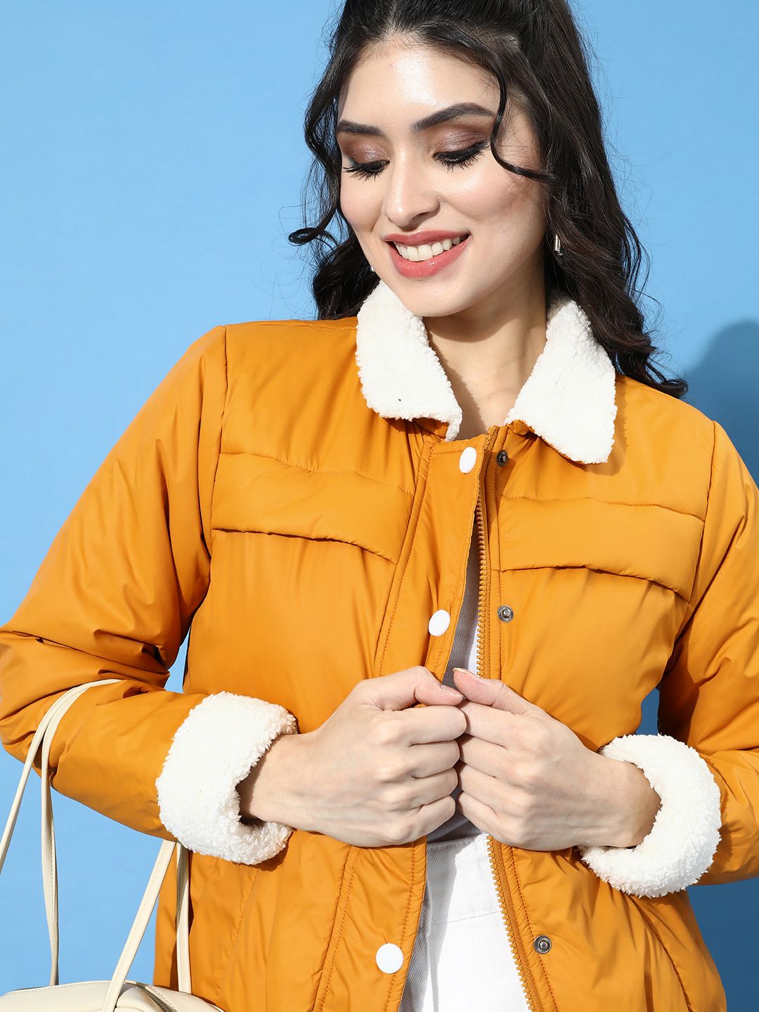 DressBerry Women Mustard Yellow Solid Padded Jacket Price in India