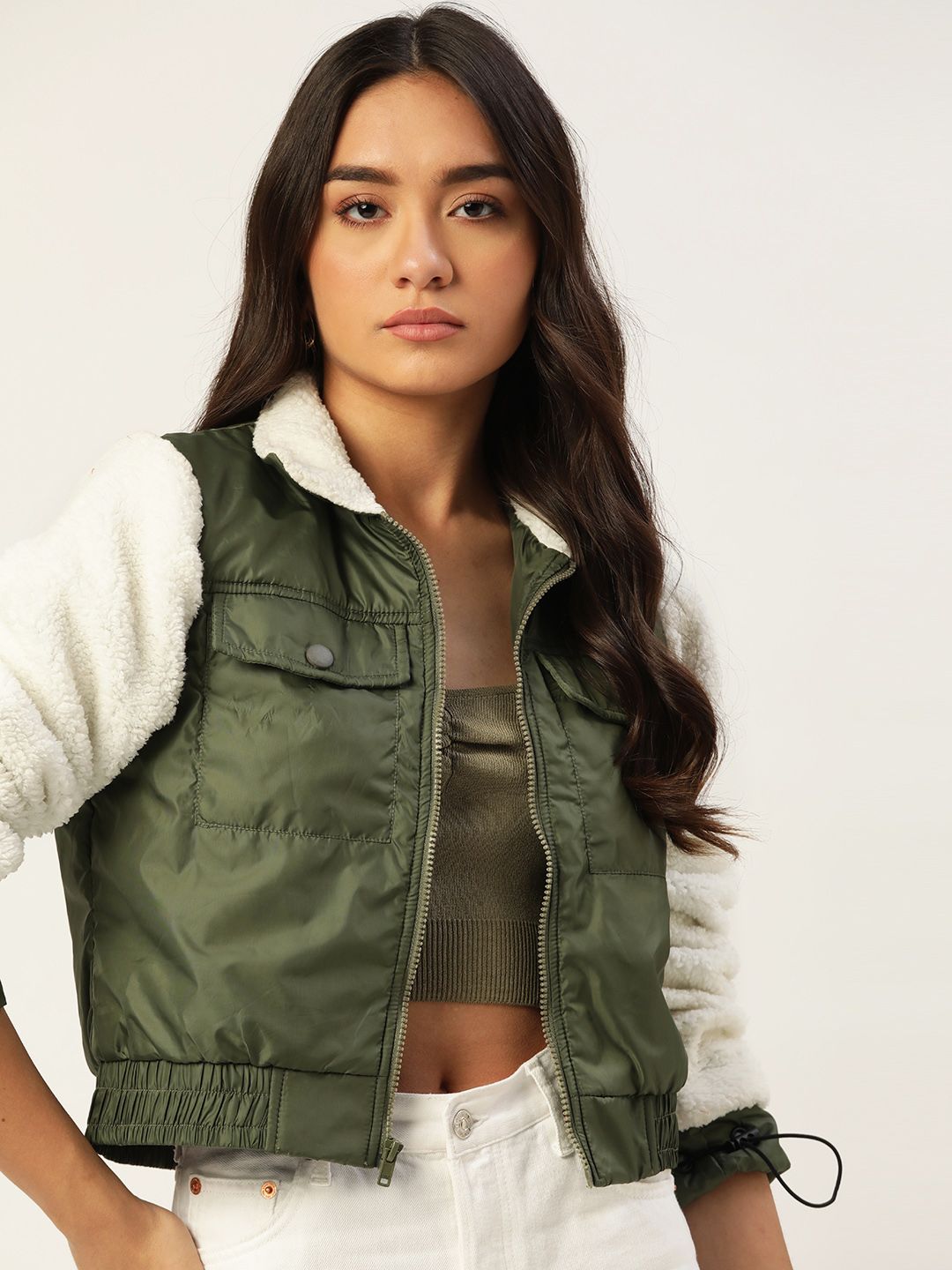 DressBerry Women Olive Green Solid Padded Jacket Price in India