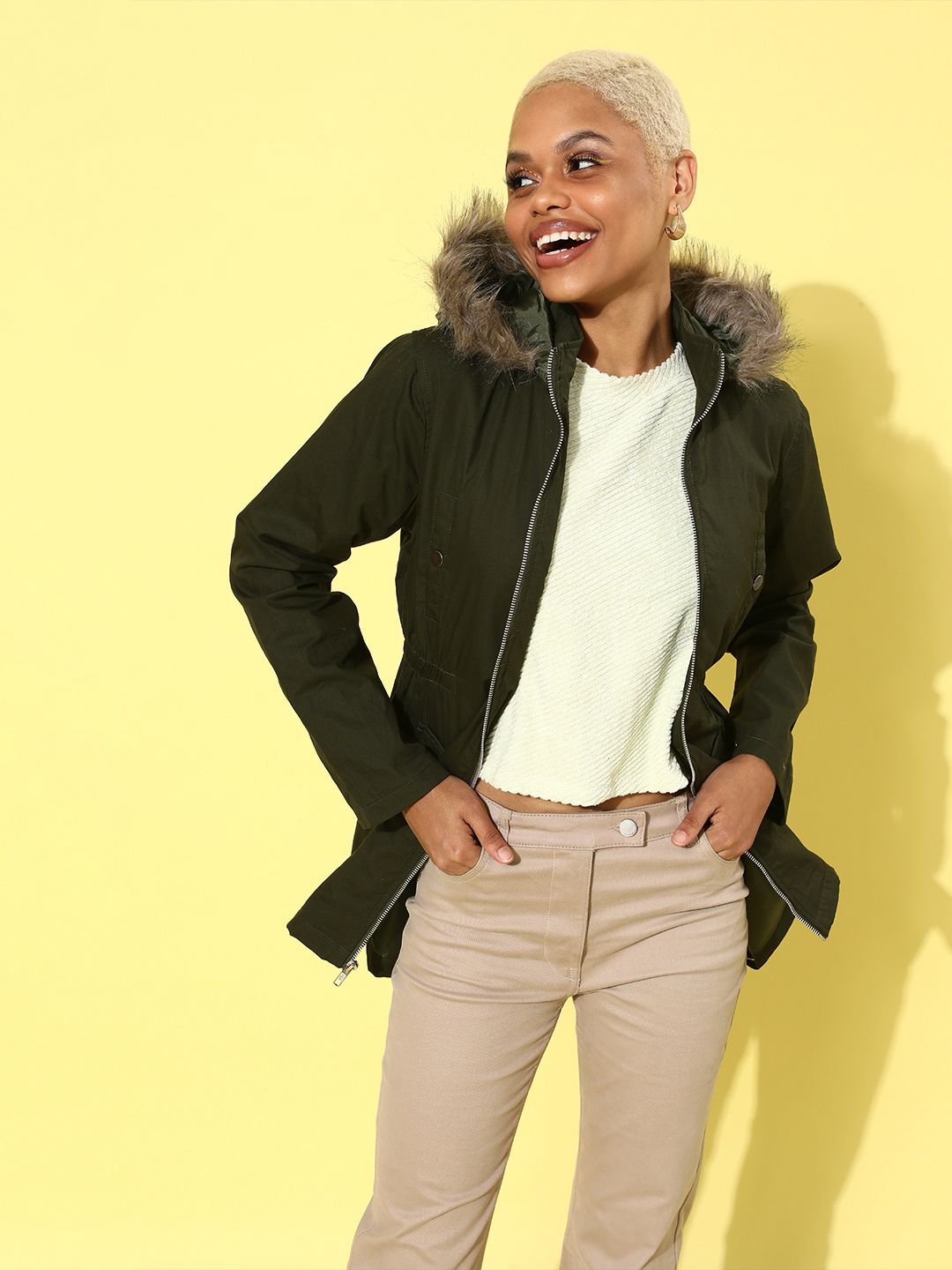 DressBerry Women Olive Solid Parka Jacket Price in India
