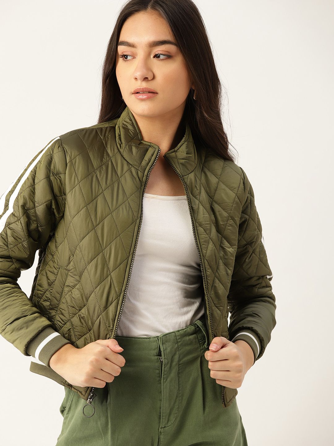 DressBerry Women Olive Green Quilted Jacket Price in India