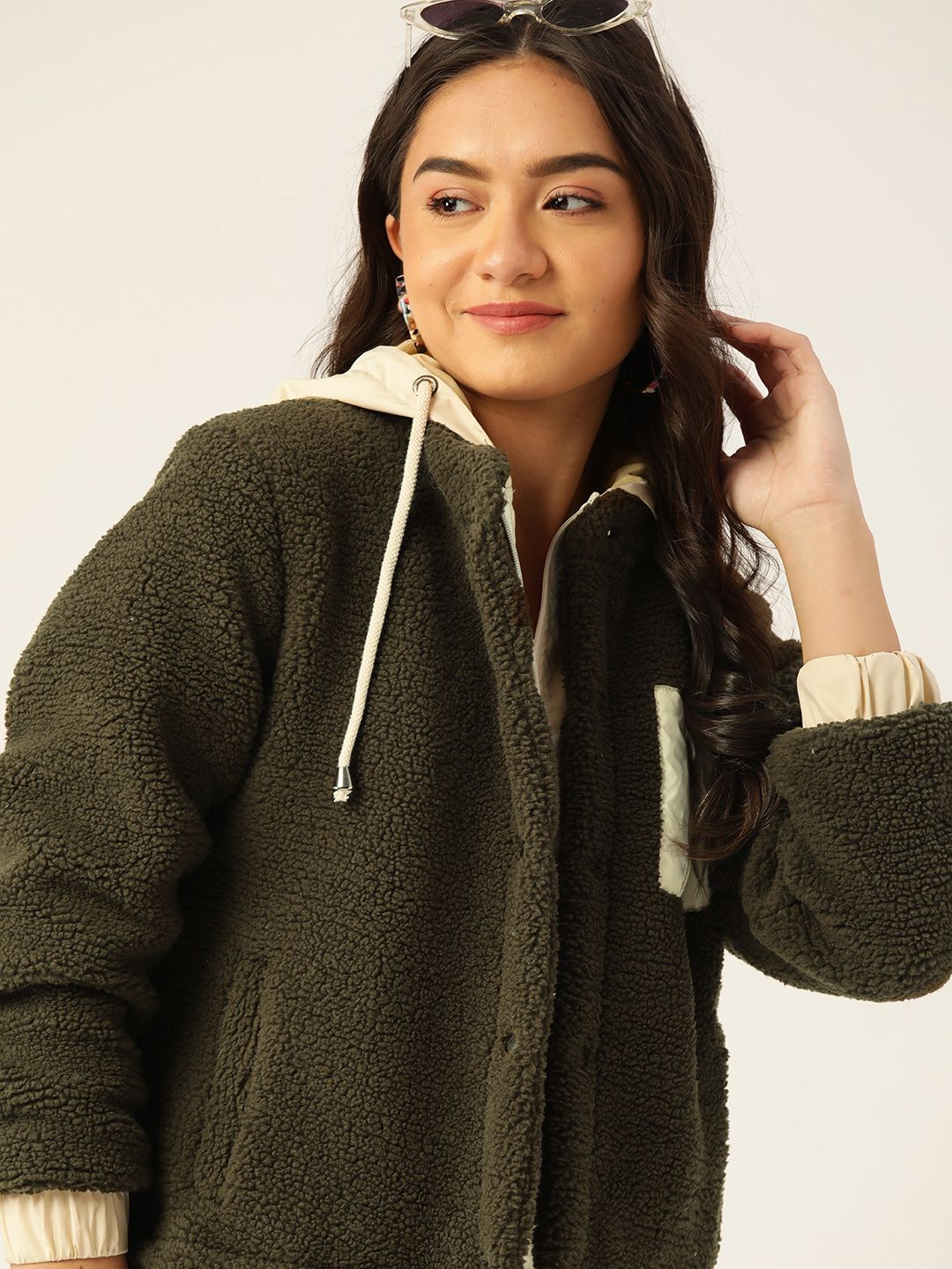 DressBerry Women Olive Green Pure Cotton Solid Hooded Sherpa Jacket Price in India