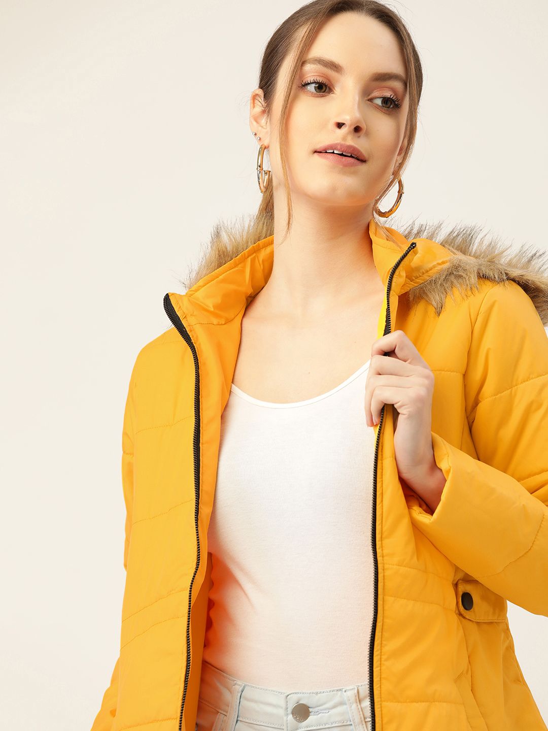 DressBerry Women Yellow Solid Hooded Faux Fur Parka Jacket Price in India