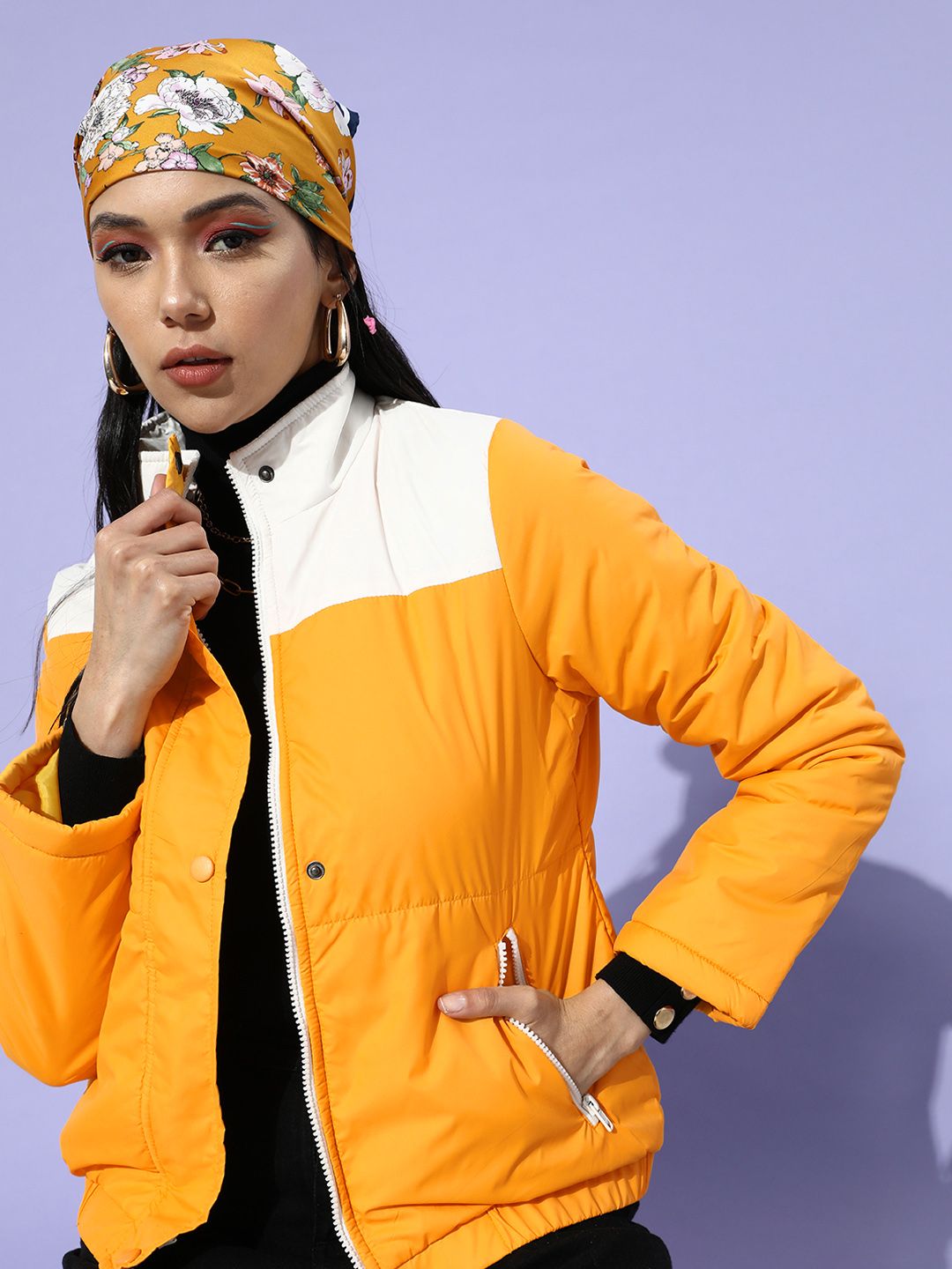DressBerry Women Stylish Mustard Colourblocked Bomber Jacket Price in India
