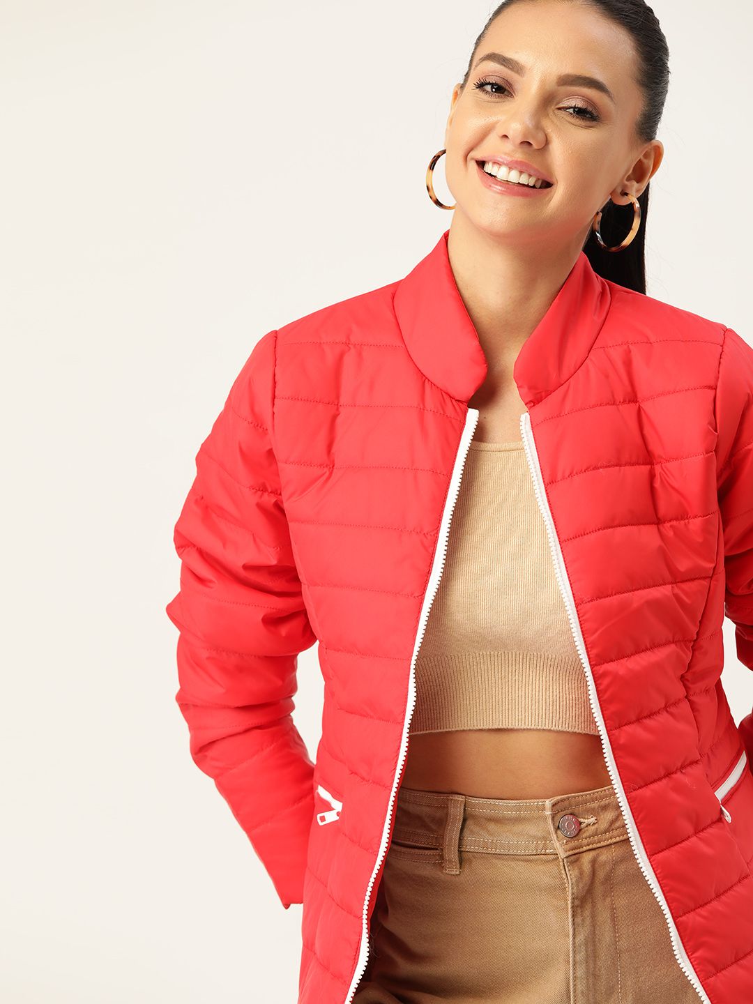 DressBerry Women Red Solid Padded Jacket Price in India