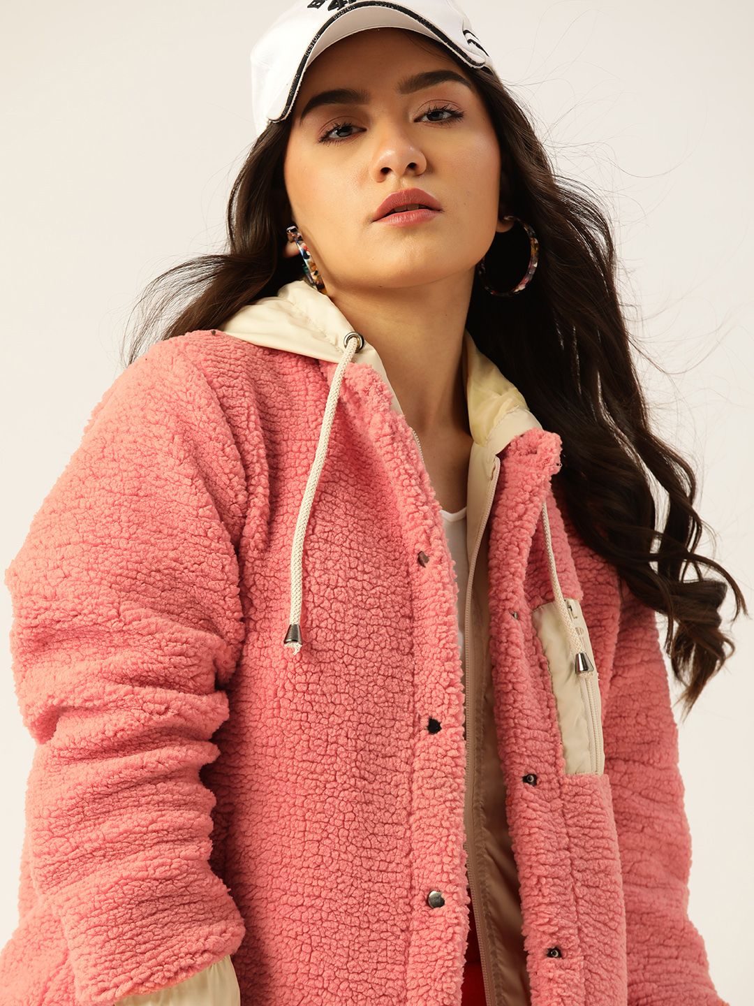 DressBerry Women Pink Solid Hooded Sherpa Jacket Price in India