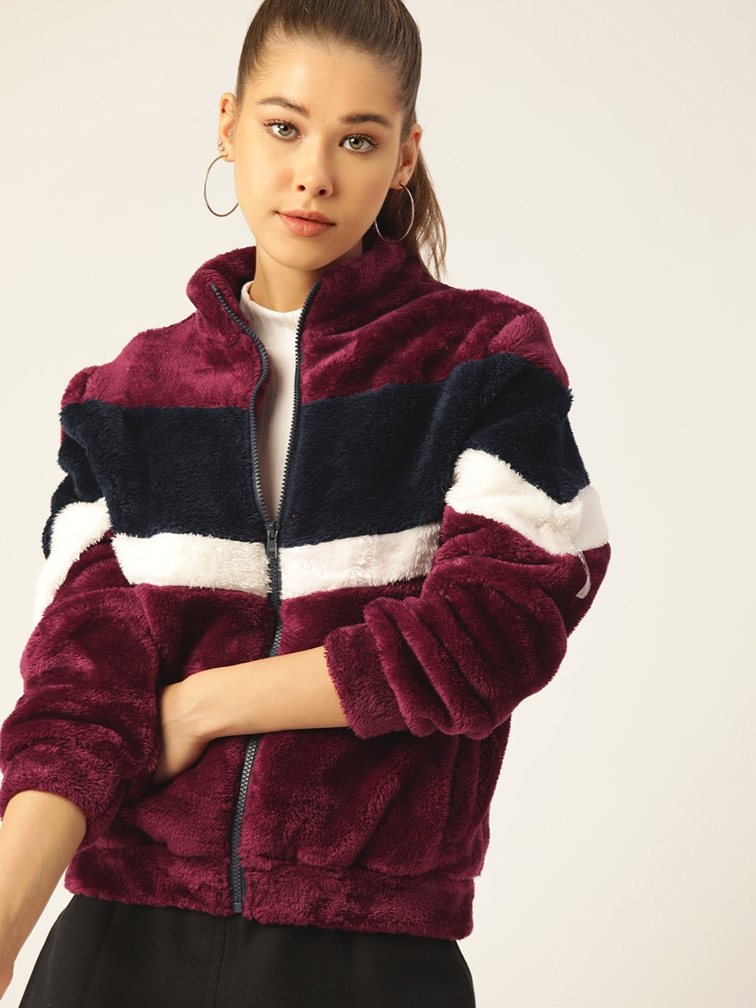 DressBerry Women Burgundy & Navy Blue Faux Fur Colourblocked Sherpa Jacket Price in India