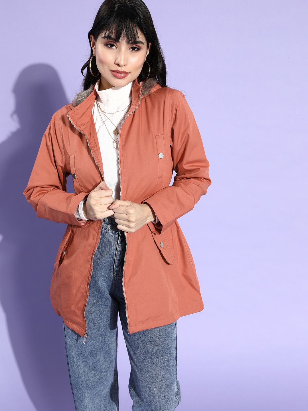 DressBerry Women Peach-Coloured Faux Fur Trim Hooded Parka Jacket Price in India