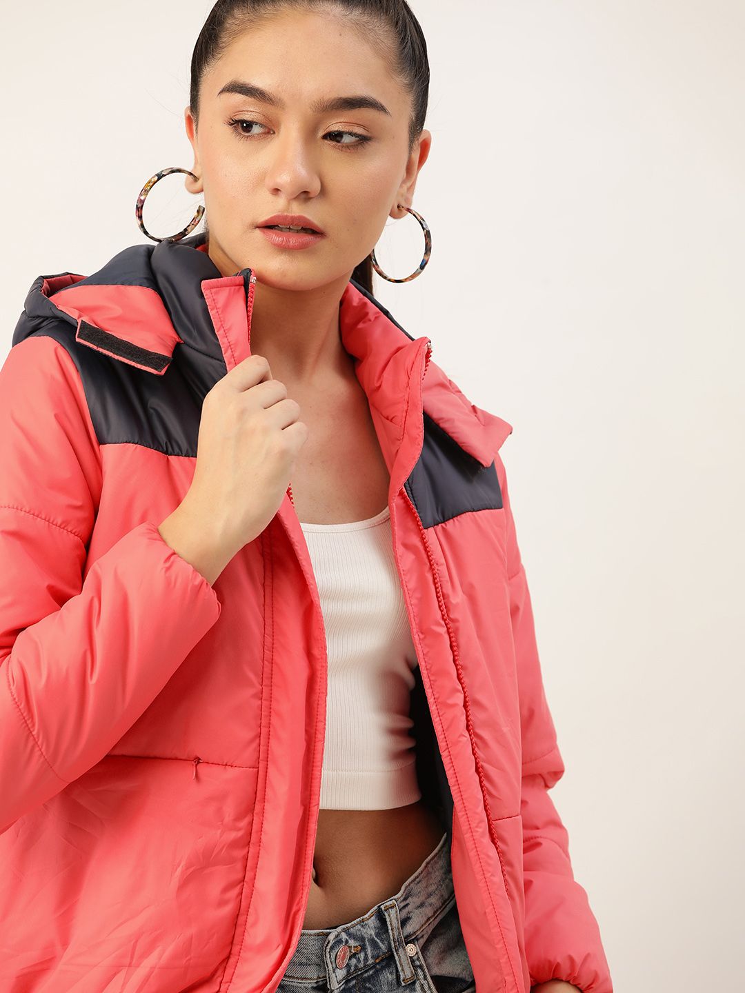 DressBerry Women Pink & Navy Blue Colourblocked Hooded Padded Jacket Price in India