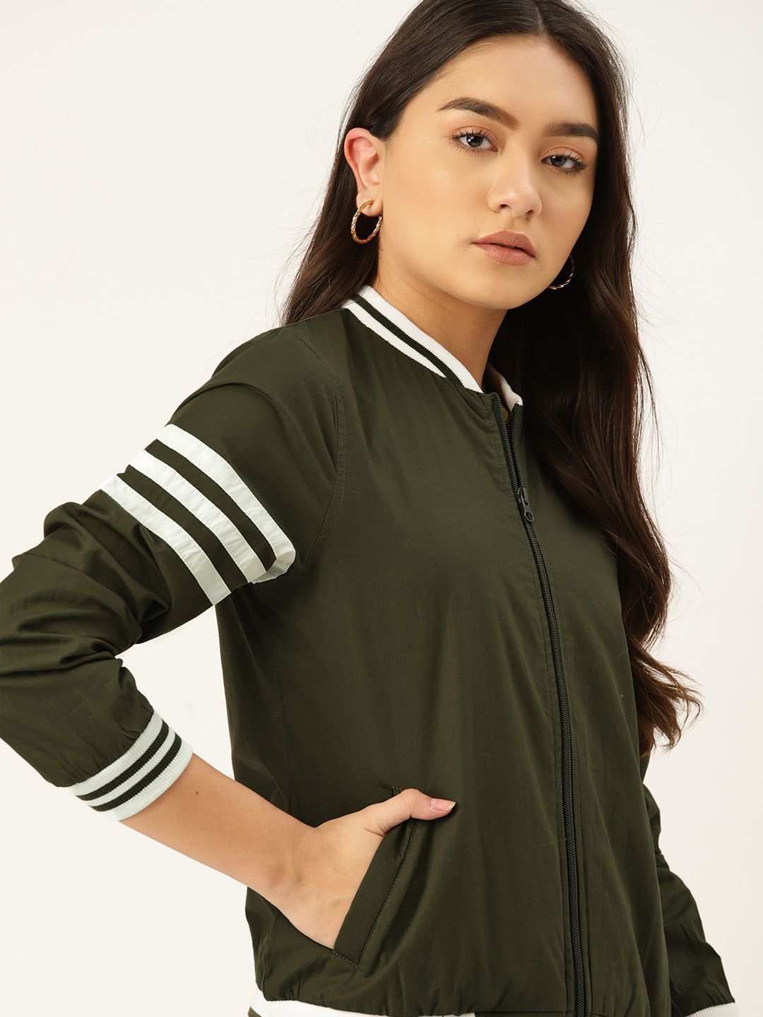 DressBerry Women Olive Green Bomber Jacket Price in India